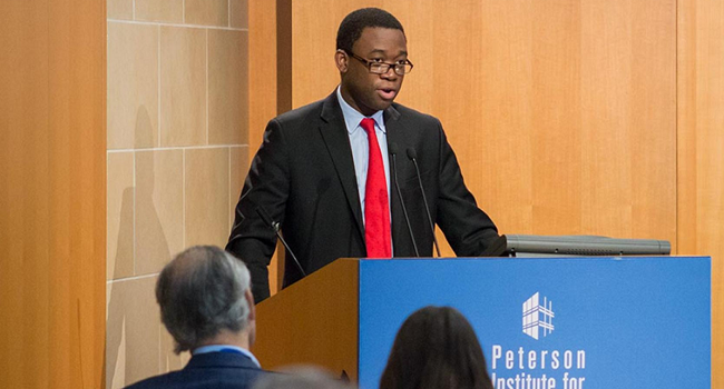 Adewale Adeyemo giving a speech titled “The G-7 and the Global Economy” at a Peterson Institute for International Economics (PIIE) event on May 19, 2016. JEREMY TRIPP/PIIE