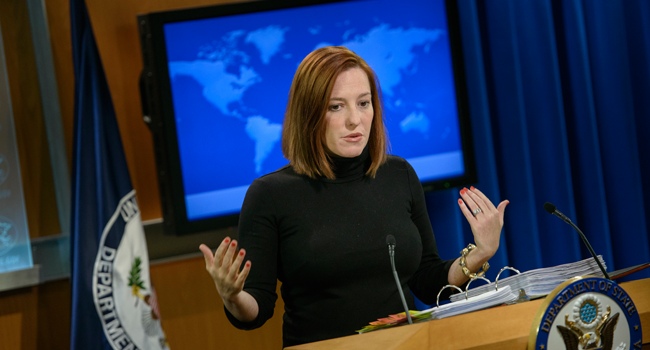 In this file photo taken on February 20, 2015 US State Department spokeswoman Jen Psaki delivers a daily briefing at the US State Department in Washington, DC. BRENDAN SMIALOWSKI / AFP