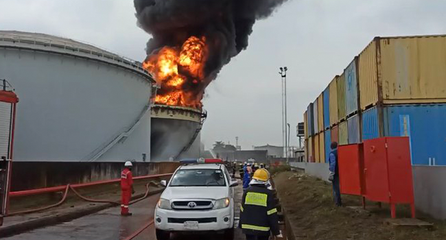 A tank farm was engulfed in flames in Lagos on November 5, 2020. Credit: LASEMA