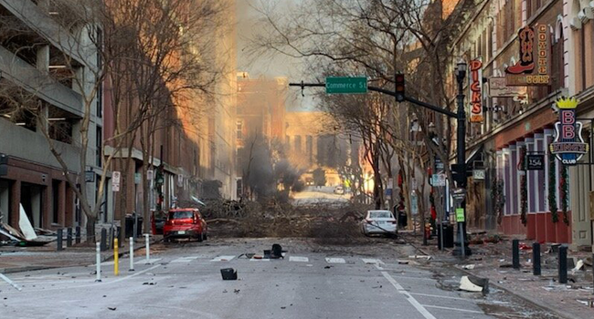 In this photo from the Twitter page of the Metro Nashville Police Department, damage is seen on a street after an explosion in Nashville, Tennessee on December 25, 2020. Handout / Metro Nashville Police Department / AFP