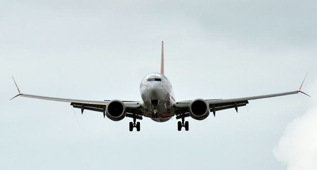 In this file photo taken on December 9, 2020, a Boeing 737 MAX of Brazilian airline Gol lands at Salgado Filho airport in Porto Alegre, Brazil. SILVIO AVILA / AFP