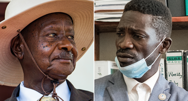This combination of pictures created on January 11, 2021 shows Uganda's President Yoweri Museveni (L) waiting to welcome President of Democratic Republic of Congo (DRC) Felix Tshisekedi prior to his arrival at the state house in Entebbe, Uganda, on November 9, 2019, and Ugandan musician-turned-politician Robert Kyagulanyi (R), also known as Bobi Wine, waiting for news on his producer and friend Dan Magic, who was severly injured by teargas cannisters and rubber bullets used by police in order to disperse crowds in Kayunga, Uganda on December 1, 2020. Sumy Sadurni / AFP