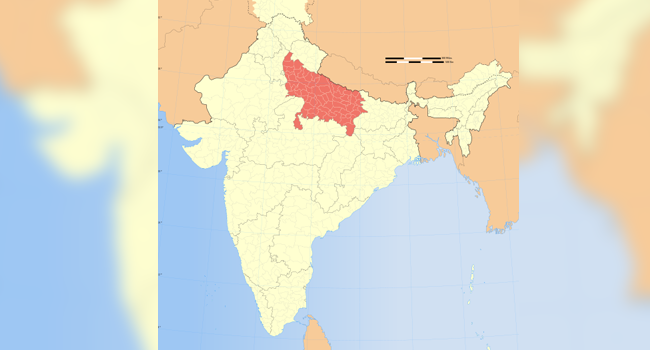 Uttar Pradesh (shaded in red) is a state in northern India. 