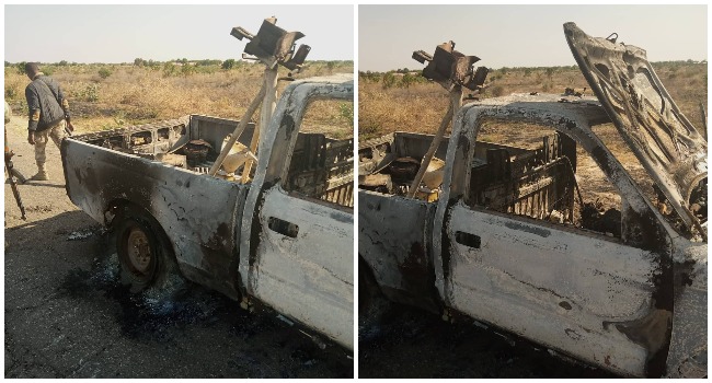 This combination of photos show a gun truck decimated by the Nigerian military on January 16, 2020.