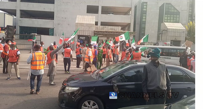 The Nigeria Labour Congress picketed the headquarters of the Corporate Affairs Commission in Abuja on February 24, 2021. Sodiq Adelakun/Channels TV