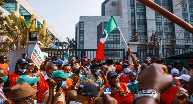 The Nigeria Labour Congress picketed the headquarters of the Corporate Affairs Commission in Abuja on February 24, 2021. Sodiq Adelakun/Channels TV