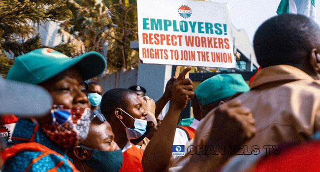 The Nigeria Labour Congress picketed the headquarters of the Corporate Affairs Commission in Abuja on February 24, 2021. Sodiq Adelakun/Channels TV