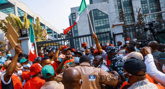 The Nigeria Labour Congress picketed the headquarters of the Corporate Affairs Commission in Abuja on February 24, 2021. Sodiq Adelakun/Channels TV