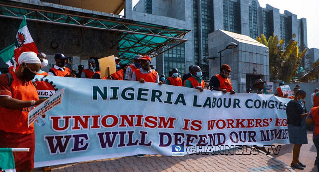 The Nigeria Labour Congress picketed the headquarters of the Corporate Affairs Commission in Abuja on February 24, 2021. Sodiq Adelakun/Channels TV