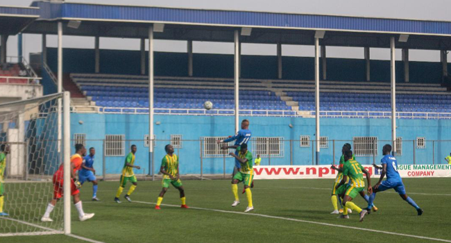 Enyimba's Tosin Omoyele scores opening goal in a 2-1 win over Plateau United on February 6, 2021.