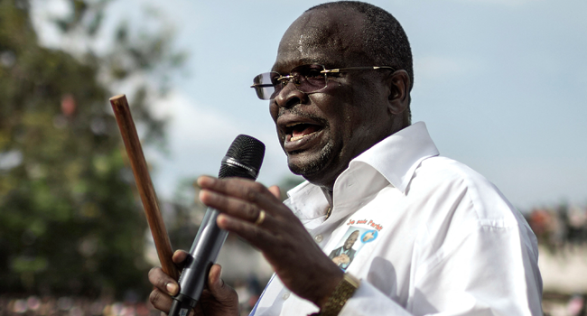 This file photo taken on March 17, 2016 shows then-interim president of the Congolese Movement for Democracy and Integral Development (MCDDI), Guy-Brice Parfait Kolelas, addresses his supporters in Brazzaville ahead of the 2016 presidential elections. MARCO LONGARI / AFP