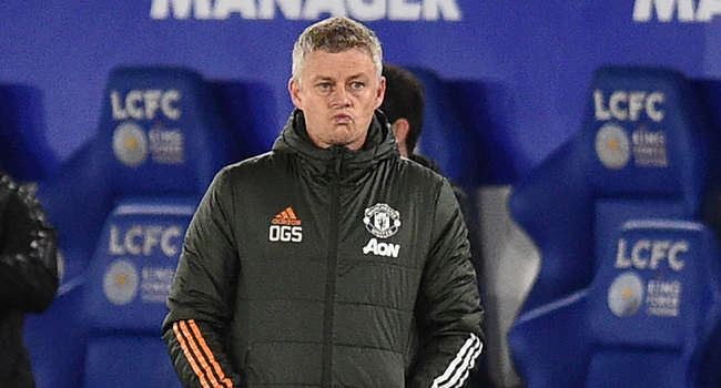 Manchester United's Norwegian manager Ole Gunnar Solskjaer gestures on the touchline during the English FA Cup quarter-final football match between Leicester City and Manchester United at King Power Stadium in Leicester, central England on March 21, 2021. Leicester won the game 3-1. Oli SCARFF / POOL / AFP