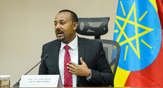 In this file photo taken on November 30, 2020 Ethiopian Prime Minister Abiy Ahmed speaks at the House of Peoples Representatives in Addis Ababa, Ethiopia, to respond to the Parliament on the current conflict between Ethiopian National Defence Forces and the leaders of the Tigray People’s Liberation Front (TPLF). Amanuel Sileshi / AFP