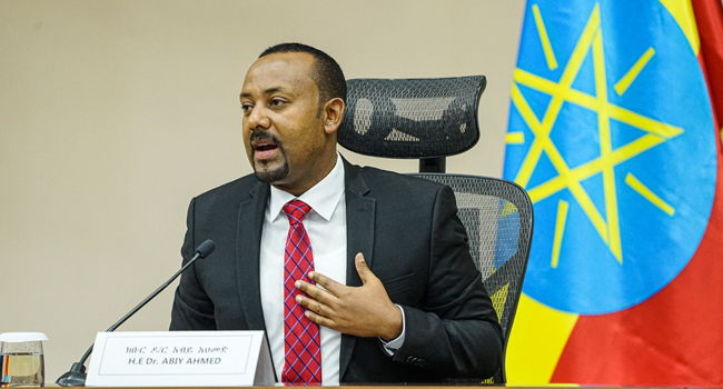  In this file photo taken on November 30, 2020 Ethiopian Prime Minister Abiy Ahmed speaks at the House of Peoples Representatives in Addis Ababa, Ethiopia, to respond to the Parliament on the current conflict between Ethiopian National Defence Forces and the leaders of the Tigray People’s Liberation Front (TPLF). Amanuel Sileshi / AFP