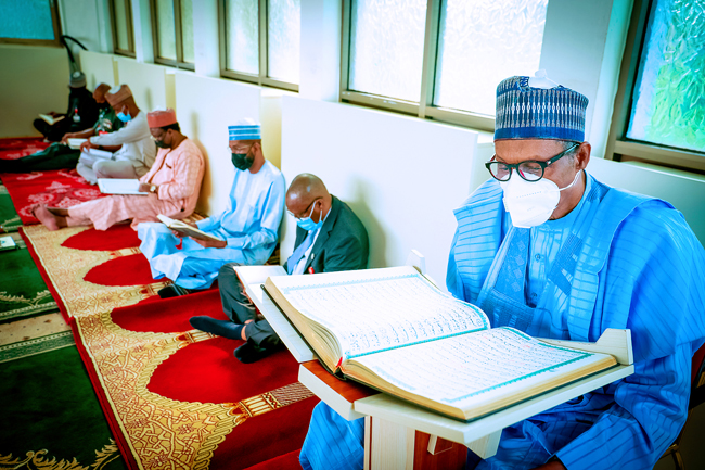 President Buhari participates at the 2021 Ramadan Tafsir in State House Mosque on April 20, 2021. Credit: Bayo Omoboriowo/State House