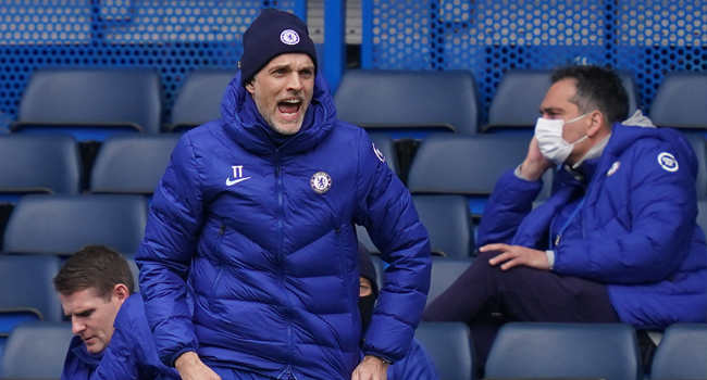 Chelsea's German head coach Thomas Tuchel gestures from the side-lines during the English Premier League football match between Chelsea and West Bromwich Albion at Stamford Bridge in London on April 3, 2021. John Walton / POOL / AFP