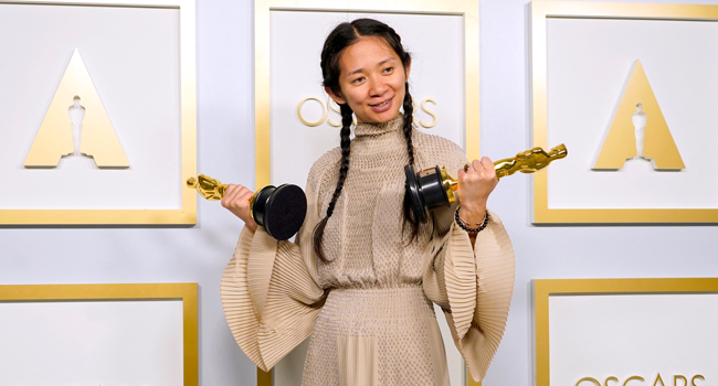 Director/Producer Chloe Zhao, winner of Best Directing and Best Picture for "Nomadland," poses in the press room at the Oscars on Sunday, April 25, 2021, at Union Station in Los Angeles. Chris Pizzello-Pool/Getty Images/AFP