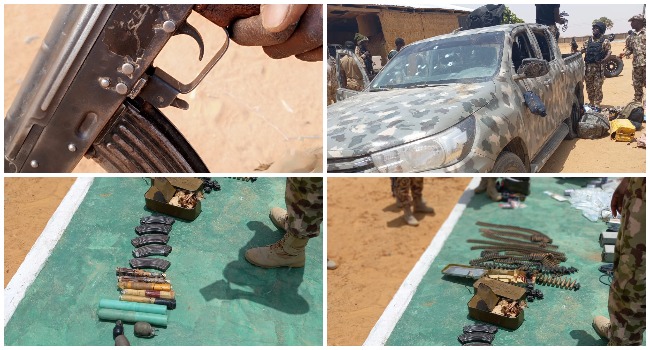 A combination of photos showing weapons and a truck recovered from Boko Haram terrorists by the Nigerian Army on April 23, 2021.