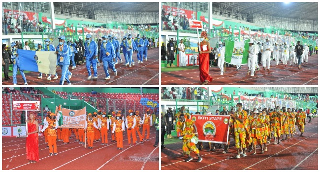 This photo combination shows teams from various states at the opening ceremony of the 20th National Sports Festival in Edo States on April 6, 2021.