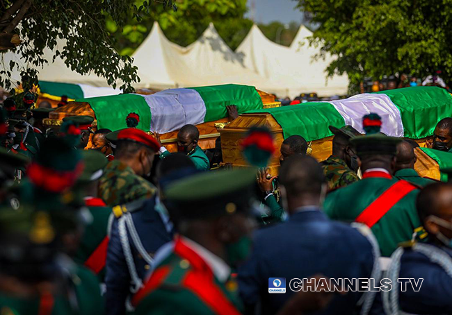 The late Chief of Army Staff, Lieutenant-General Ibrahim Attahiru and 10 other officers were buried on May 22, 2021 at the National Military Cemetery in Abuja. Sodiq Adelakun/Channels Television
