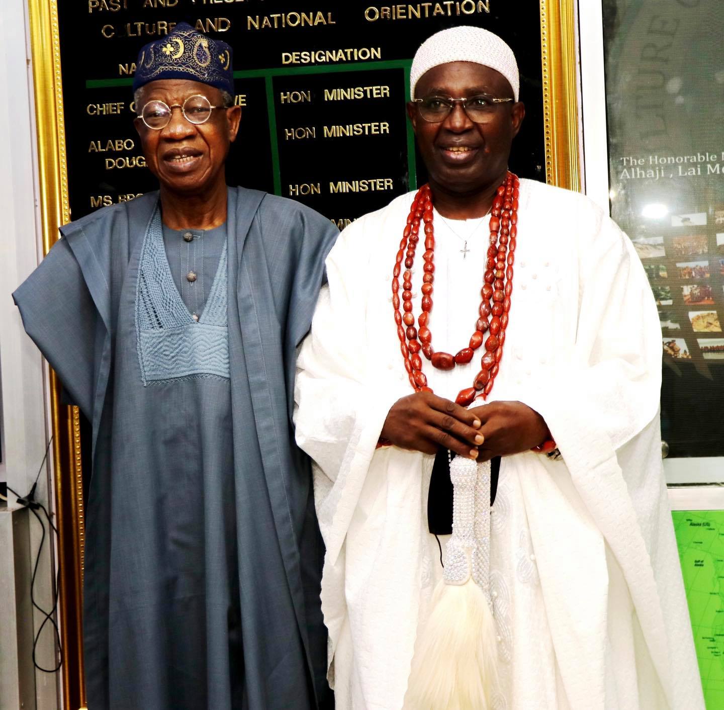 Minister of Information and Culture, Alhaji Lai Mohammed, and the Oluyin of Iyin-Ekiti, Oba Adeola Adeniyi Ajakaiye, during a courtesy visit to the Minister by the Royal Father in Abuja on Thursday.