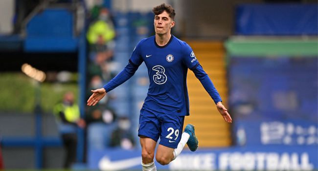 Chelsea's German midfielder Kai Havertz celebrates after scoring their second goal during the English Premier League football match between Chelsea and Fulham at Stamford Bridge in London on May 1, 2021. Justin Setterfield / POOL / AFP