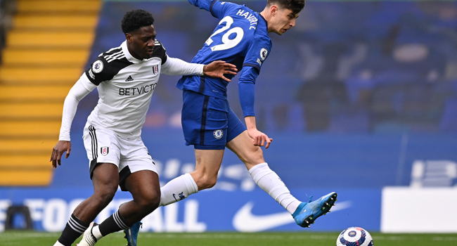 Chelsea's German midfielder Kai Havertz (R) shoots to score the opening goal of the English Premier League football match between Chelsea and Fulham at Stamford Bridge in London on May 1, 2021. Justin Setterfield / POOL / AFP
