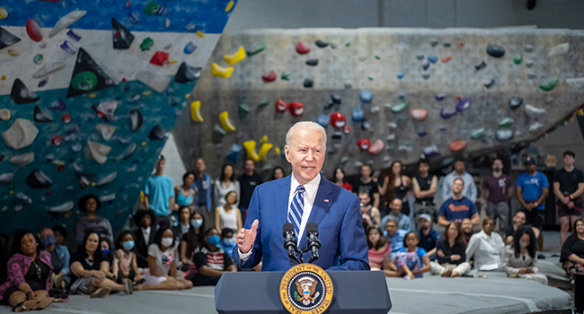 US President Joe Biden speaks about the progress in the fight against Covid-19, at the Sportrock Climbing Centers in Alexandria, Virginia on May 28, 2021. MANDEL NGAN / AFP