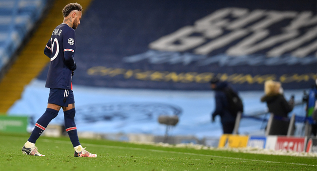 Paris Saint-Germain's Brazilian forward Neymar leaves the pitch at the final whistle during the UEFA Champions League second leg semi-final football match between Manchester City and Paris Saint-Germain (PSG) at the Etihad Stadium in Manchester, north west England, on May 4, 2021. Manchester City won the match 2-0. Paul ELLIS / AFP