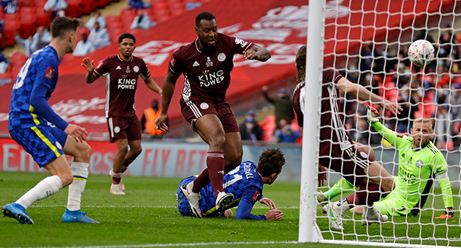 The ball ends up in the Leicester net but after a VAR (Video Assistant Referee) review the goal id disallowed for offside during the English FA Cup final football match between Chelsea and Leicester City at Wembley Stadium in north west London on May 15, 2021. Kirsty Wigglesworth / POOL / AFP