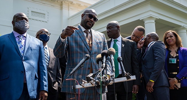 George Floyd’s brother Philonise Floyd speaks with other family members and lawyers outside the White House after meeting with US President Joe Biden in Washington, DC, on May 25, 2021. JIM WATSON / AFP