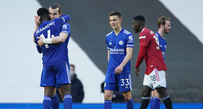 Leicester City's players react at the final whistle during the English Premier League football match between Manchester United and Leicester City at Old Trafford in Manchester, north west England, on May 11, 2021. Dave Thompson / POOL / AFP