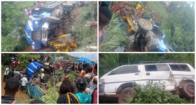 A combination of photos showing the aftermath of a truck which crashed into a stream in Imo on May 1, 2021.