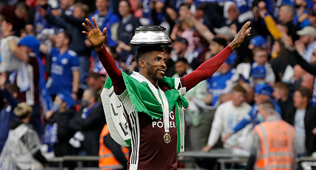 Leicester City's Nigerian striker Kelechi Iheanacho celebrates on the pitch as the Leicester players celebrate victory after the English FA Cup final football match between Chelsea and Leicester City at Wembley Stadium in north west London on May 15, 2021. Kirsty Wigglesworth / POOL / AFP