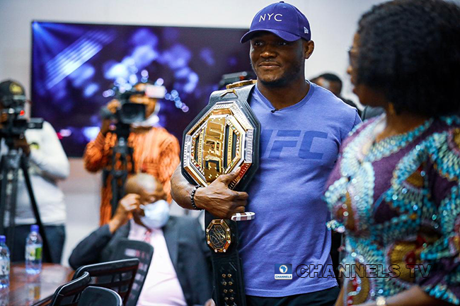 UFC Champion Kamaru Usman visited Chairman of the Nigerians in Diaspora Commission, Hon. Abike Dabiri-Erewa on June 11, 2021 in Abuja.