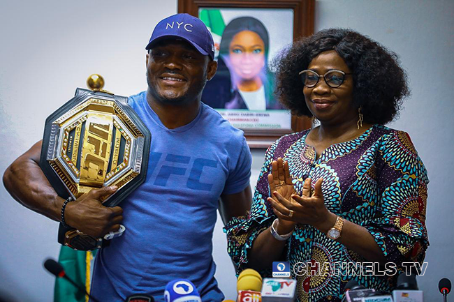 UFC Champion Kamaru Usman visited Chairman of the Nigerians in Diaspora Commission, Hon. Abike Dabiri-Erewa on June 11, 2021 in Abuja.