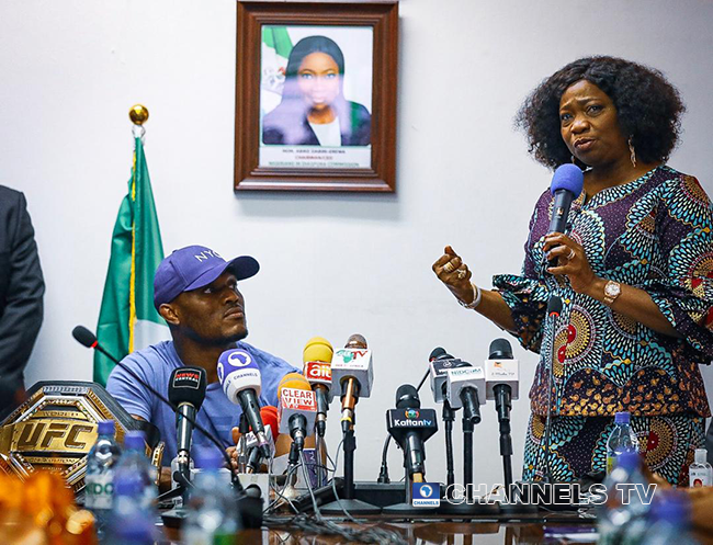 UFC Champion Kamaru Usman visited Chairman of the Nigerians in Diaspora Commission, Hon. Abike Dabiri-Erewa on June 11, 2021 in Abuja.