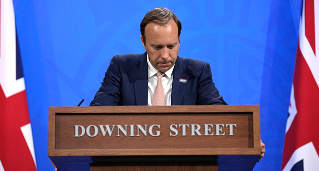 In this file photo taken on May 27, 2021 Britain's Health Secretary Matt Hancock gives an update on the coronavirus Covid-19 pandemic during a virtual press conference in Downing Street in central London. Matt Dunham / POOL / AFP