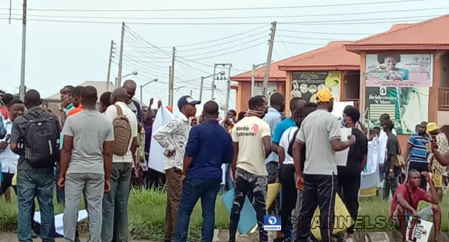 Protesters gather at NEPA roundabout in Akure, Ondo State for Democracy Day protest on June 12, 2021.