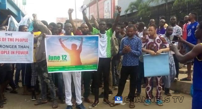 Protesters converged at Mokola area of Ibadan, Oyo State on June 12, 2021.