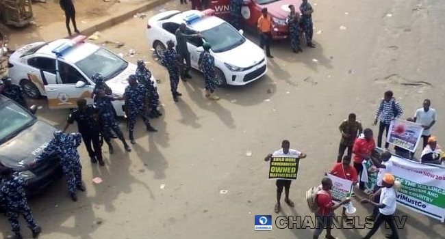 Protesters converged at Mokola area of Ibadan, Oyo State amid police presence on June 12, 2021.