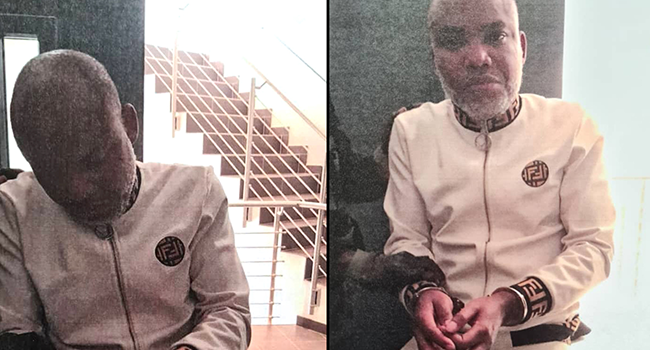 This photo released by Nigerian authorities on June 29, 2021 shows Mr Nnamdi Kanu in handcuffs.