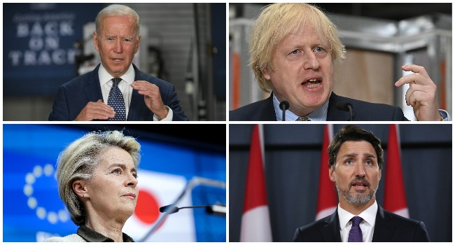 This photo combination shows US President Joe Biden, UK Prime Minister Boris Johnson, EU President Ursula von der Leyen and Canadian Prime Minister Justin Trudeau.