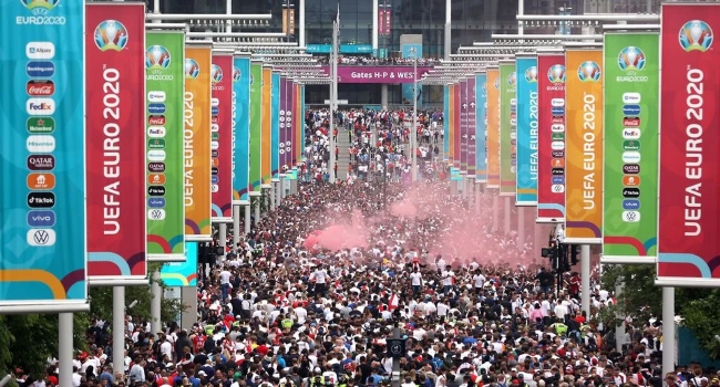 A scene from the Euro 2020 finals showing ticketless fans storming Wembley stadium 