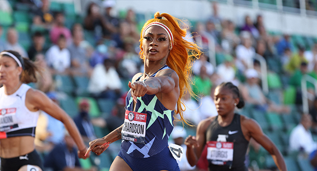 Sha'Carri Richardson competes in the Women's 100 Meter on day 2 of the 2020 U.S. Olympic Track & Field Team Trials at Hayward Field on June 19, 2021 in Eugene, Oregon. Andy Lyons/Getty Images/AFP