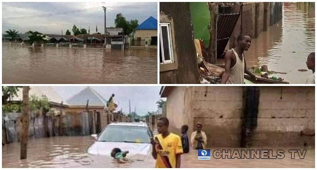 A combination of photos showing flooded areas in communities in Jalingo, Taraba state on July 10, 2021.