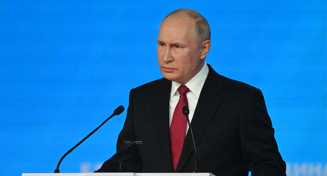 Russia's President Vladimir Putin delivers a speech during a United Russia ruling party's congress in Moscow on August 24, 2021. Grigory SYSOYEV / SPUTNIK / AFP