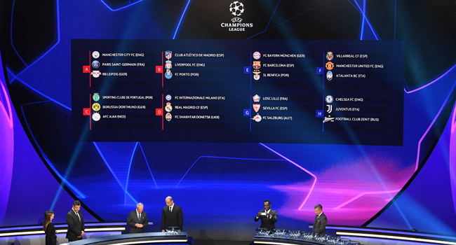 This picture shows the draw for the UEFA Champions League football tournament in Istanbul on August 26, 2021. OZAN KOSE / AFP