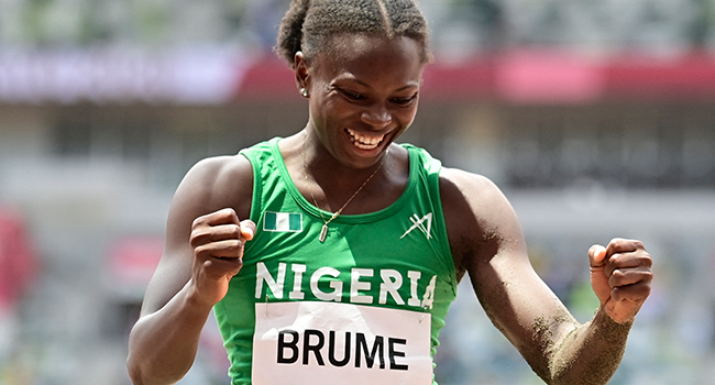 Nigeria's Ese Brume reacts as she competes in the women's long jump final during the Tokyo 2020 Olympic Games at the Olympic Stadium in Tokyo on August 3, 2021. Javier SORIANO / AFP