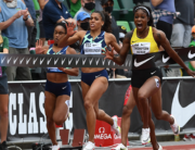 Elaine THOMPSON-HERAH from Jamaica crosses the finish line of the 100m women final at the Diamond League track and field meeting in Eugene on August 21, 2021. Andy NELSON / Diamond League AG